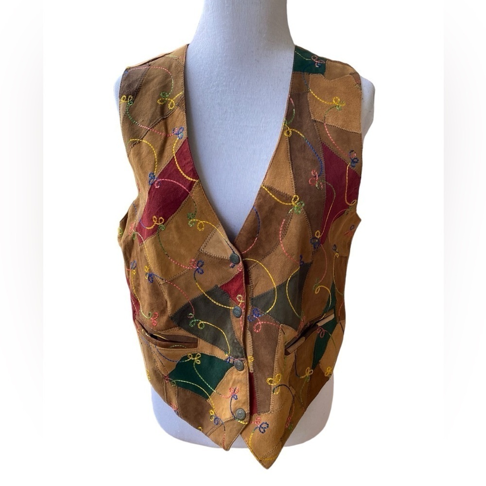 American Flirt Vintage Embroidered Patchwork Leather Vest Snap Button Size Large